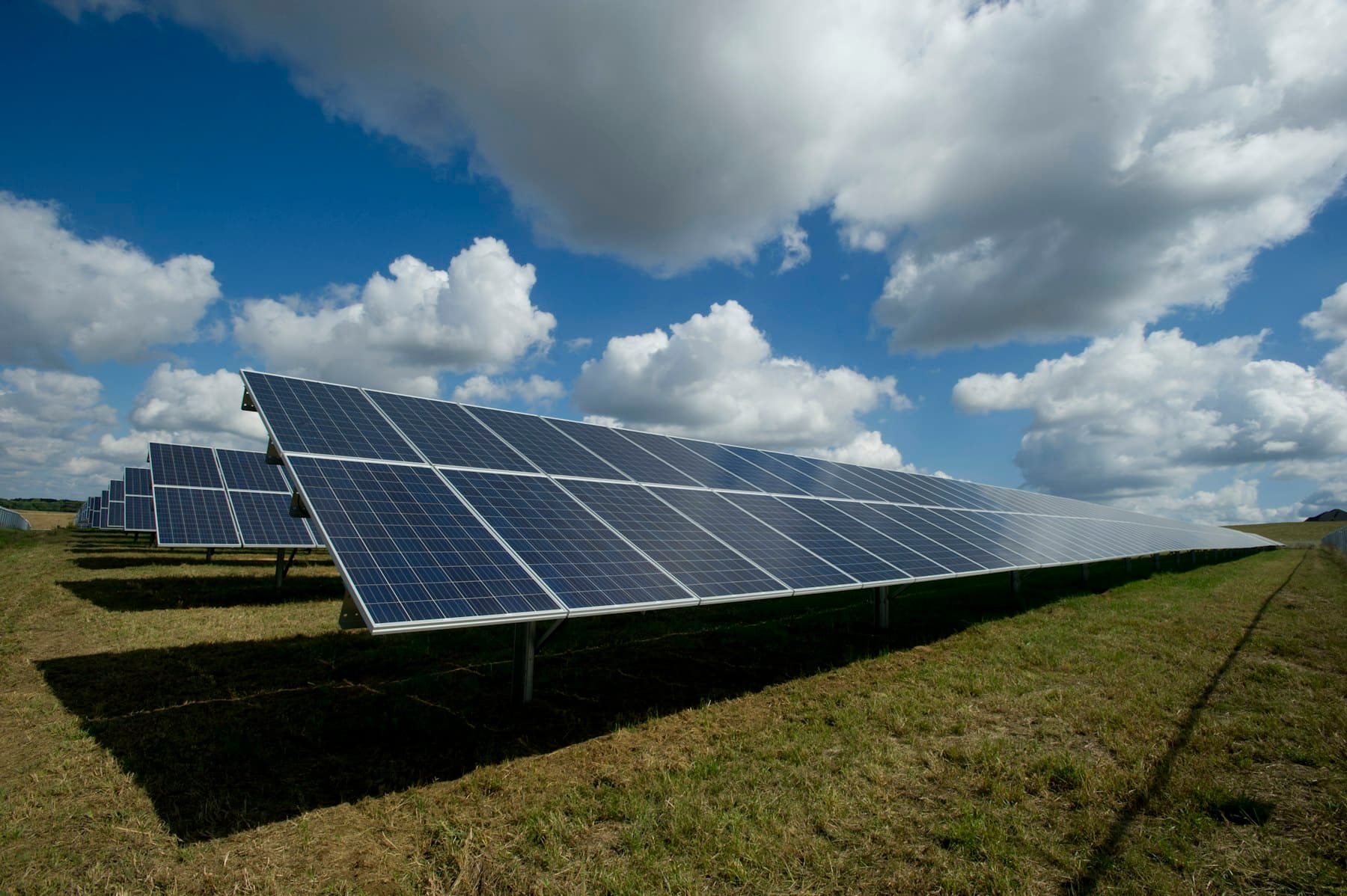 A long row of ground-mounted solar panels in an open field